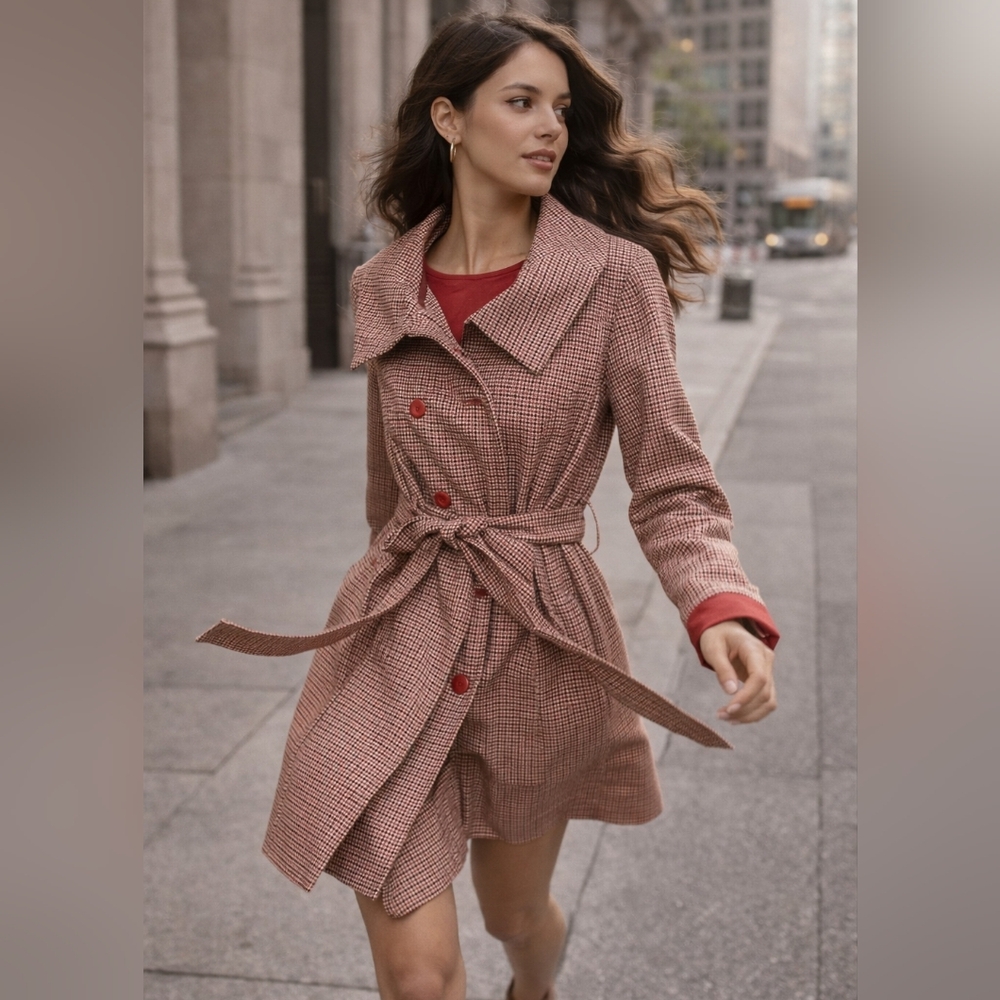 Women's Houndstooth Coat with Red Accents